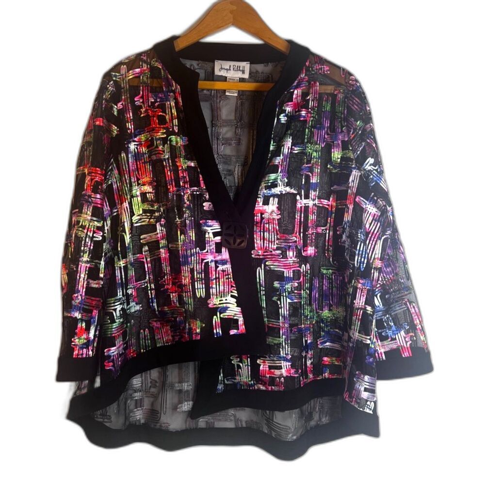 Joseph Ribkoff Sheer Abstract Embossed Asymmetrical Statement Cardigan Size 12